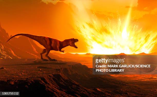 tyrannosaurus observing asteroid impact, illustration - prehistoric era stock illustrations