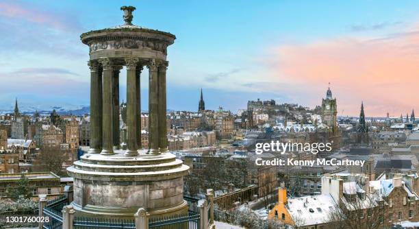 edinburgh - snowy sunrise at calton hill - edinburgh winter stock pictures, royalty-free photos & images