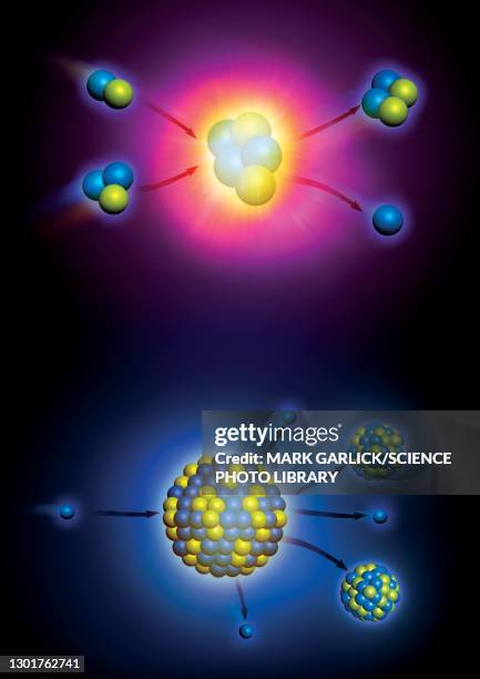 nuclear fission and fusion, illustration - atom fusion stock illustrations