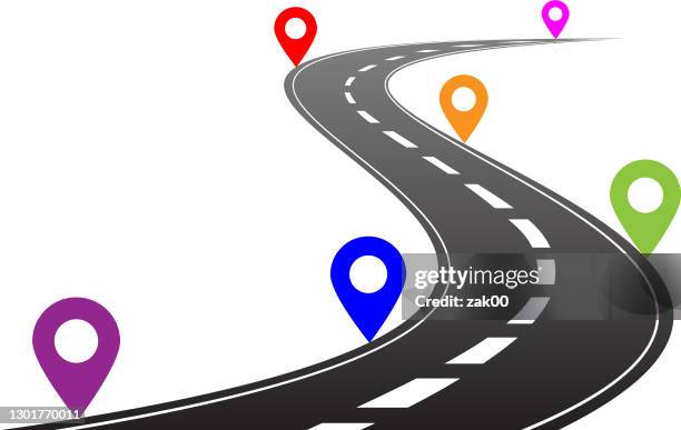 ilustraciones, imágenes clip art, dibujos animados e iconos de stock de concepto de línea de tiempo de carretera sinuosa - mapa-de-carreteras