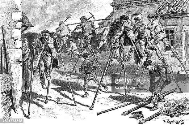 departure of the fire brigade on stilts to the fire site - stilts stock illustrations