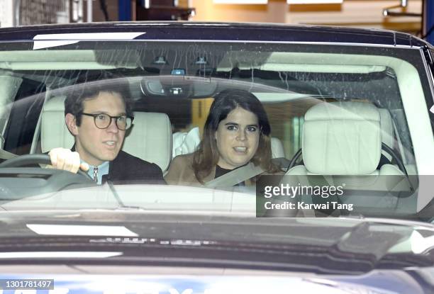 Jack Brooksbank and Princess Eugenie of York depart the Portland Hospital for Women on February 12, 2021 in London, United Kingdom. Princess Eugenie...