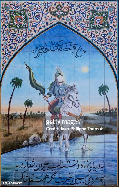mural painting reffering to imam hussein martyrdom and the battle of karbala, damghan, iran - shiite islam stock pictures, royalty-free photos & images