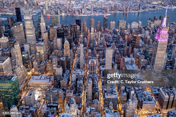 An aerial view of the East River and midtown skyline on February 4th, 2021 in New York City.