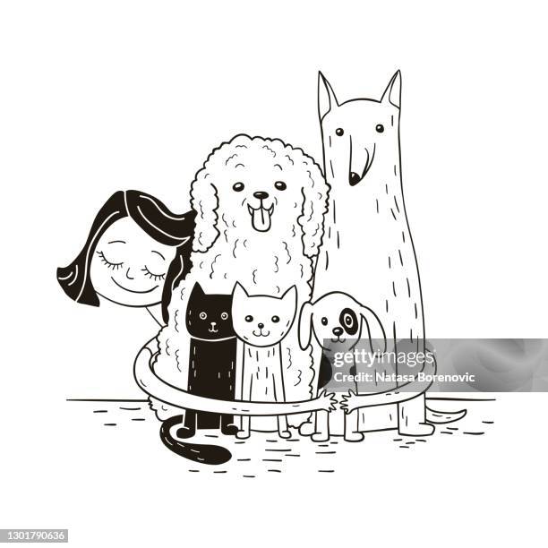 line art illustration of a smiling happy girl hugging her adopted friends pets, two cats and three dogs - children drawing white background bildbanksfoton och bilder