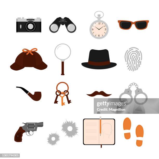 ilustraciones, imágenes clip art, dibujos animados e iconos de stock de conjunto de iconos planos de detectives. - detective