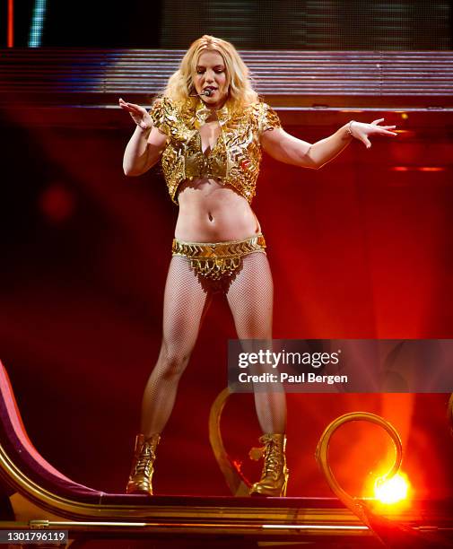 American pop singer Britney Spears performs on stage at Sportpaleis Ahoy during her Femme Fatale Tour 2011, Rotterdam, Netherlands, 19 October 2011.