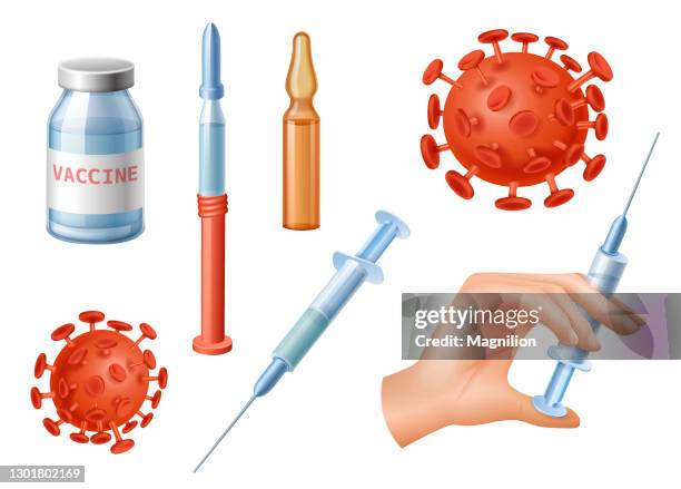 vaccine, virus, ampoule, flask and syringe. vaccination concept - antidote stock illustrations