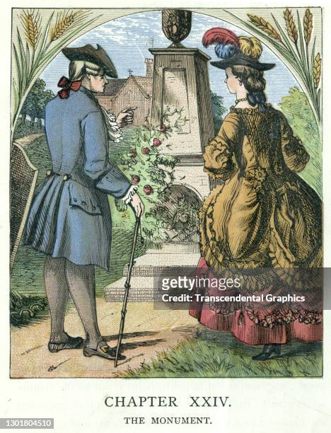 Illustration entitled 'The Monument' depicts a well-dressed couple at the base of a monument, 1873. Written by Christoph von Schmid and translated...