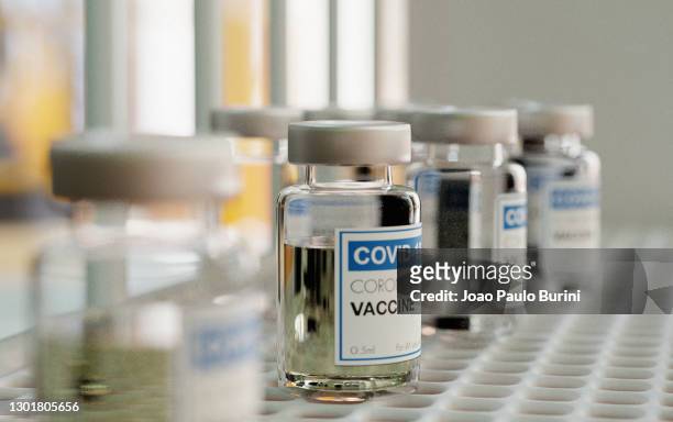 coronavirus vaccine vials on a laboratory shelf - covid 19 vaccine stock pictures, royalty-free photos & images