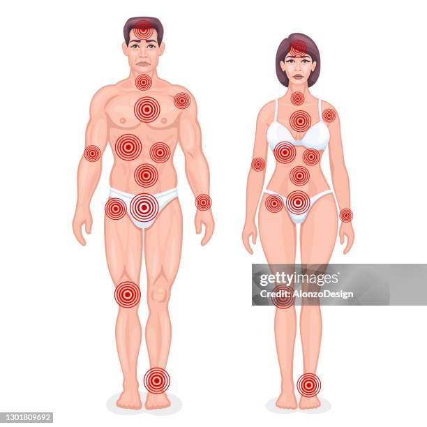 painful points infographic concept. male and female. - inflammation woman stock illustrations