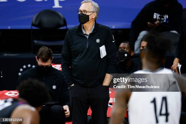 Assistant coach Mike D'Antoni looks on against the Philadelphia 76ers at Wells Fargo Center on February 06, 2021 in Philadelphia, Pennsylvania. NOTE...
