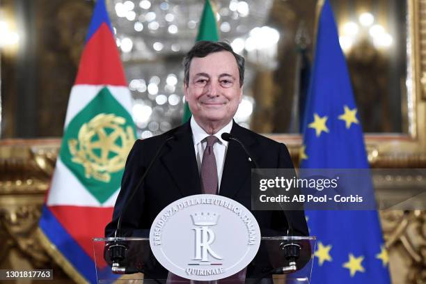 Italian Prime Minister-designate Mario Draghi, announces to the media the list of ministers forming the new government, following a meeting with...