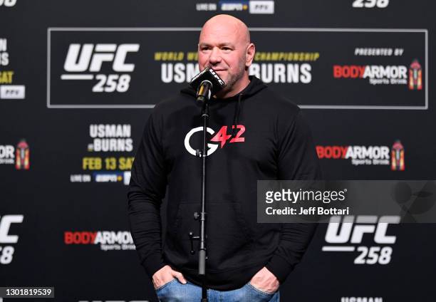 President Dana White addresses the media during the UFC weigh-in at UFC APEX on February 12, 2021 in Las Vegas, Nevada.