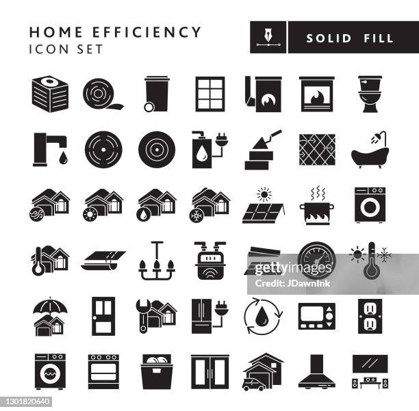 home effizienz große icon-set - solide 100% schwarze füllung - aluminium schrott stock-grafiken, -clipart, -cartoons und -symbole