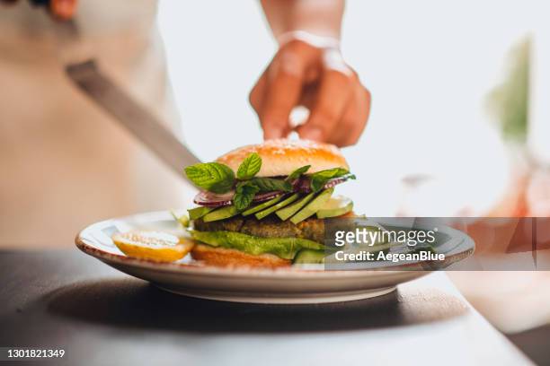 healthy vegan chickpea burger - veggie burger stock pictures, royalty-free photos & images