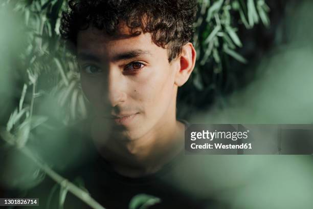 close-up portrait of handsome man with brown eyes against plants in park - männer portrait gesicht close up stock-fotos und bilder