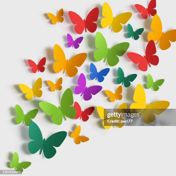 ilustraciones, imágenes clip art, dibujos animados e iconos de stock de mariposa de papel multicolor sobre fondo blanco. - papiroflexia