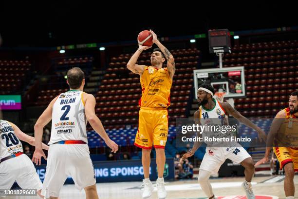 Carlos Delfino of Carpegna Prosciutto Pesaro in action during the LBA Frecciarossa Final Eight 2021 match between Banco di Sardegna Sassari and...