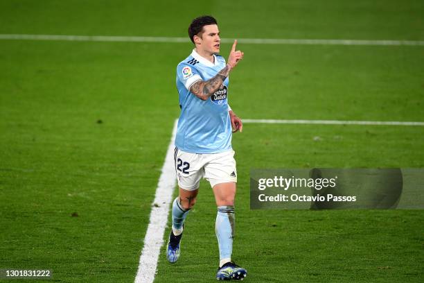 Santi Mina of Celta Vigo celebrates scoring the first goal during the La Liga Santander match between RC Celta and Elche CF at Abanca-Balaidos on...