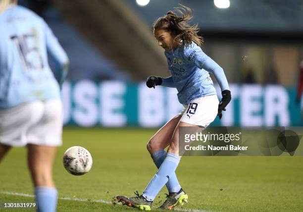Caroline Weir of Manchester City scores her sides third goal during the Barclays FA Women's Super League match between Manchester City Women and...