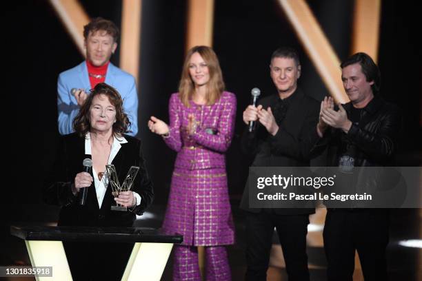 Jane Birkin receives a Honorary award next to Eddy de Pretto, Vanessa Paradis, Etienne Daho and Thomas Dutronc during the 36th "Victoires De La...