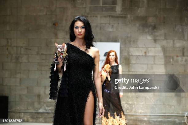 Models walk the runway with a dog during Anthony Rubio's Women's Wear Canine Couture show during New York Fashion Week at Ideal Glass Studios on...