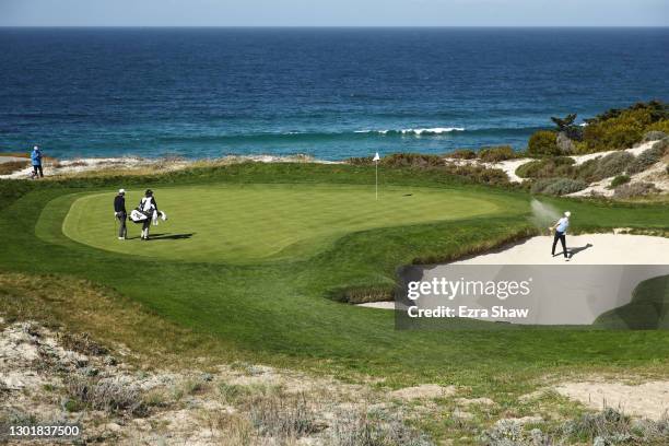 Will Zalatoris of the United States plays a shot from a bunker on the third hole during the second round of the AT&T Pebble Beach Pro-Am at Pebble...