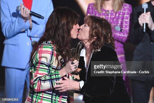 Jane Birkin receives a Honorary award from her daughter Lou Doillon during the 36th "Victoires De La Musique" Award Ceremony at La Seine Musicale on...