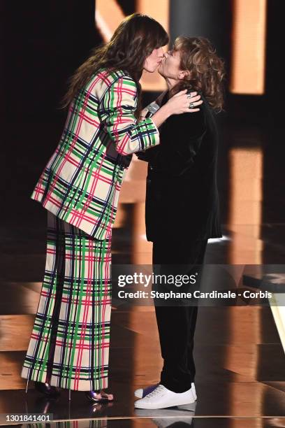 Jane Birkin receives a Honorary award from her daughter Lou Doillon during the 36th "Victoires De La Musique" Award Ceremony at La Seine Musicale on...