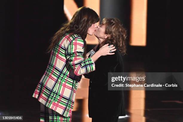 Jane Birkin receives a Honorary award from her daughter Lou Doillon during the 36th "Victoires De La Musique" Award Ceremony at La Seine Musicale on...