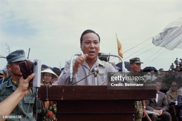 President of South Vietnam Nguyen Van Thieu addressing a mass funeral for the victims of the 1968 Tet Offensive, killed by the Viet Cong, in Hue,...