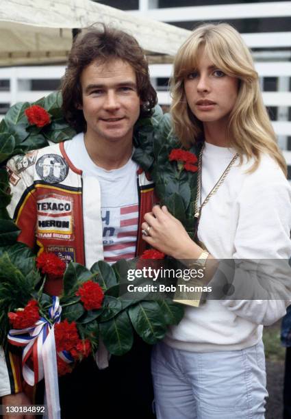 British racing motorcyclist Barry Sheene with his girlfriend Stephanie McLean at the International Motor Cycle Races, Oulton Park, Cheshire, 28th...