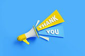 Thank You Coming Out From Yellow Megaphone On Blue Background - Gratitude Concept