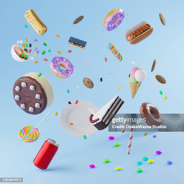 collage of sweets 3d illustrations against blue background - comida doce imagens e fotografias de stock