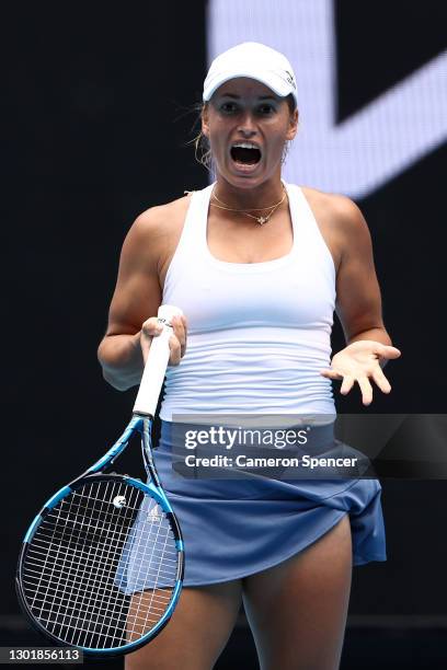 Yulia Putintseva of Kazakhstan reacts in her Women's Singles third round match against Elina Svitolina of Ukraine during day six of the 2021...