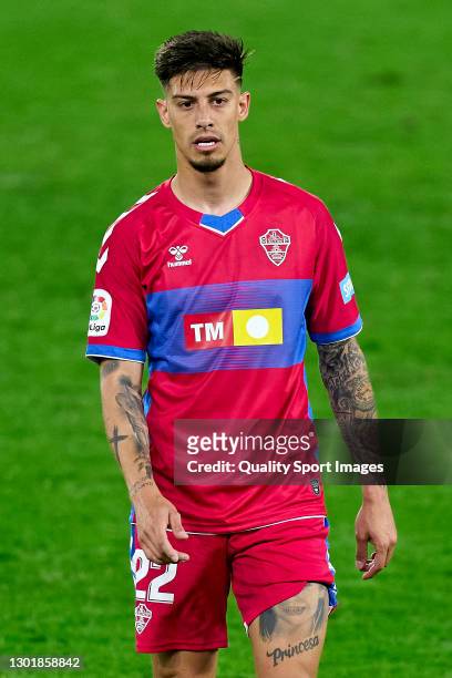 Emiliano Rigoni of Elche CF looks on during the La Liga Santander match between RC Celta and Elche CF at Abanca-Balaídos on February 12, 2021 in...