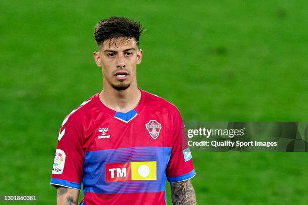 Emiliano Rigoni of Elche CF looks on during the La Liga Santander match between RC Celta and Elche CF at Abanca-Balaídos on February 12, 2021 in...