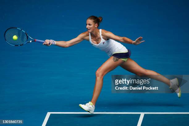 Karolina Pliskova of Czech Republic plays a forehand in her Women's Singles third round match against Karolina Muchova of Czech Republic during day...