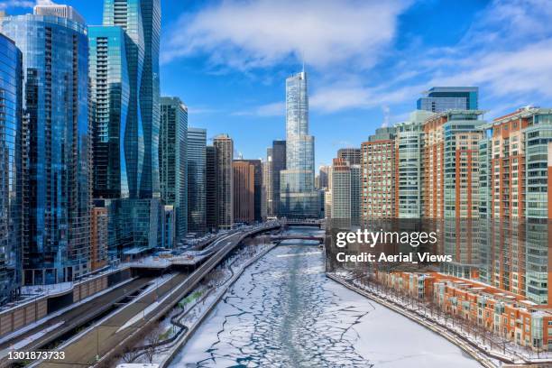 downtown chicago in winter - aerial view - chicago illinois landscape stock pictures, royalty-free photos & images