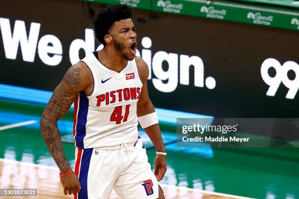 Saddiq Bey of the Detroit Pistons celebrates after scoring against the Boston Celtics during the fourth quarter of the Pistons 108-102 win over the...