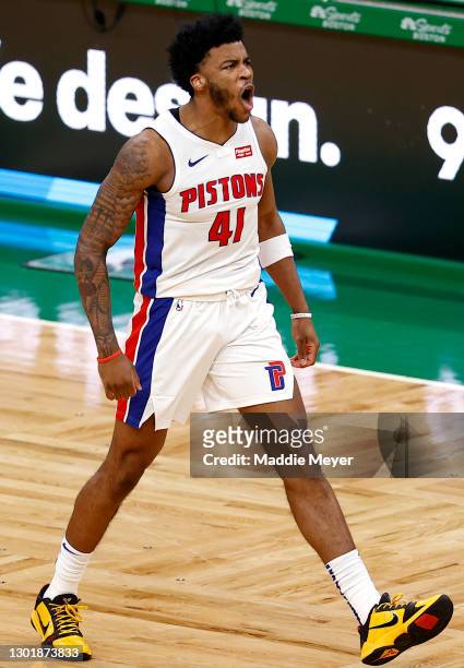Saddiq Bey of the Detroit Pistons celebrates after scoring against the Boston Celtics during the fourth quarter of the Pistons 108-102 win over the...