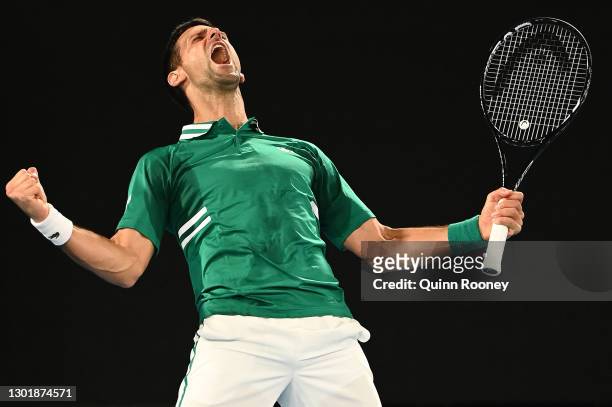 Novak Djokovic of Serbia celebrates winning match point in his Men's Singles third round match against Taylor Fritz of the United States during day...
