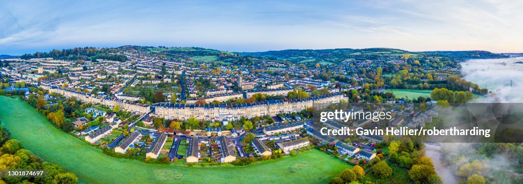 Panoramic view by drone over Bath, Somerset, England, United Kingdom, Europe