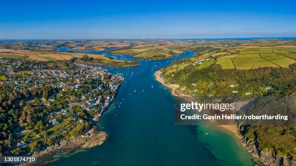 aerial view of salcombe on the kingsbridge estuary, devon, england, united kingdom, europe - devon stock pictures, royalty-free photos & images