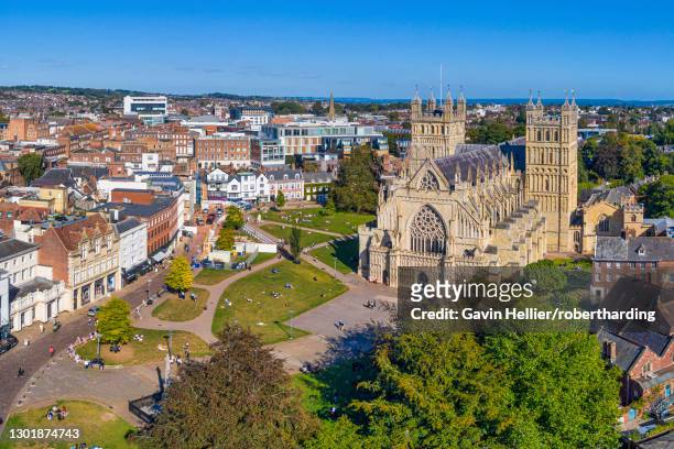 aerial view over exeter city centre and exeter cathedral, exeter, devon, england, united kingdom, europe - exeter cathedral stock pictures, royalty-free photos & images