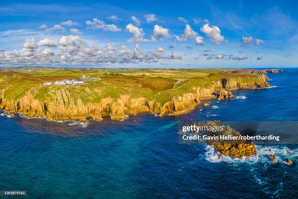 Aerial view of Land's End, Penwith peninsula, most westerly point of the English mainland, Cornwall, England, United Kingdom, Europe