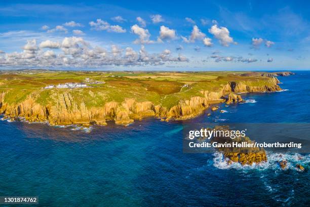 aerial view of land's end, penwith peninsula, most westerly point of the english mainland, cornwall, england, united kingdom, europe - penwith peninsula stock pictures, royalty-free photos & images