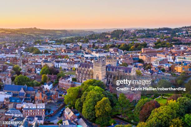 aerial view over exeter city centre and exeter cathedral, exeter, devon, england, united kingdom, europe - exeter england 個照片及圖片檔