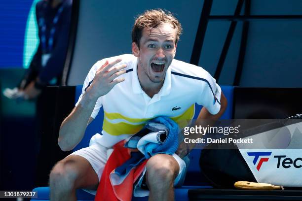 Daniil Medvedev of Russia reacts as he sits down after losing the third set in his Men's Singles third round match against Filip Krajinovic of Serbia...